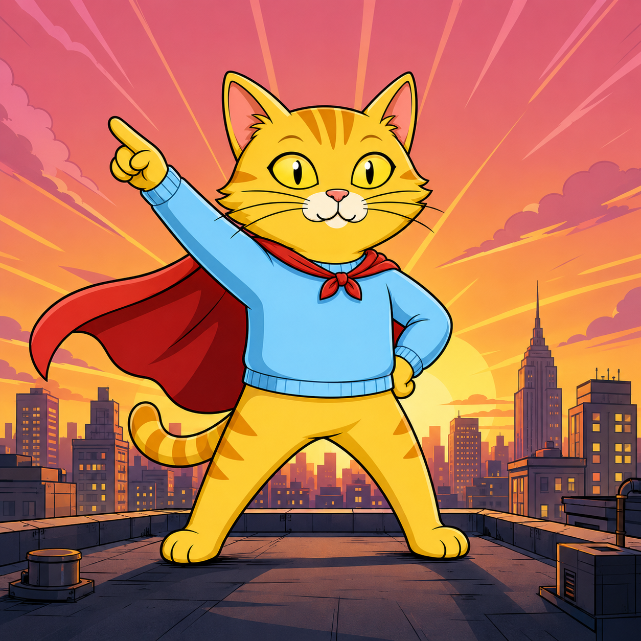 TEH EPIK CAT standing heroically on a rooftop at sunset
