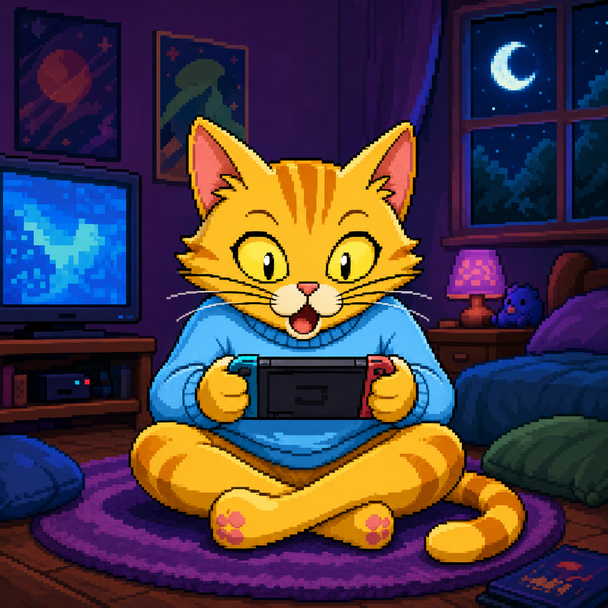 Epik Cat gaming at night in pixel-art style