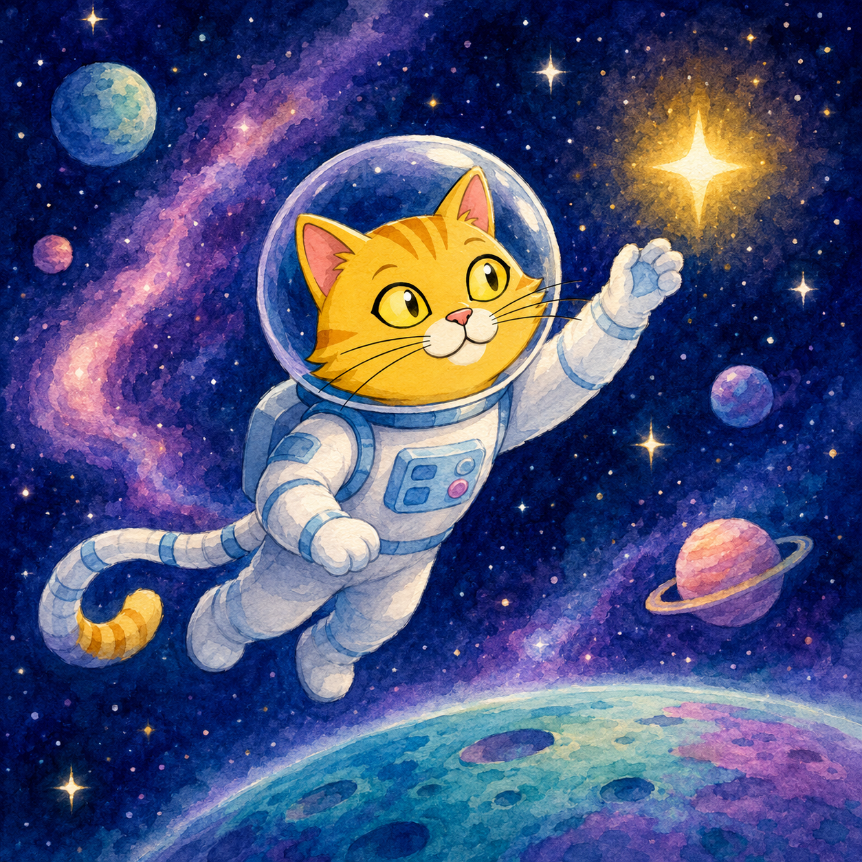 Epik Cat as an astronaut floating in space