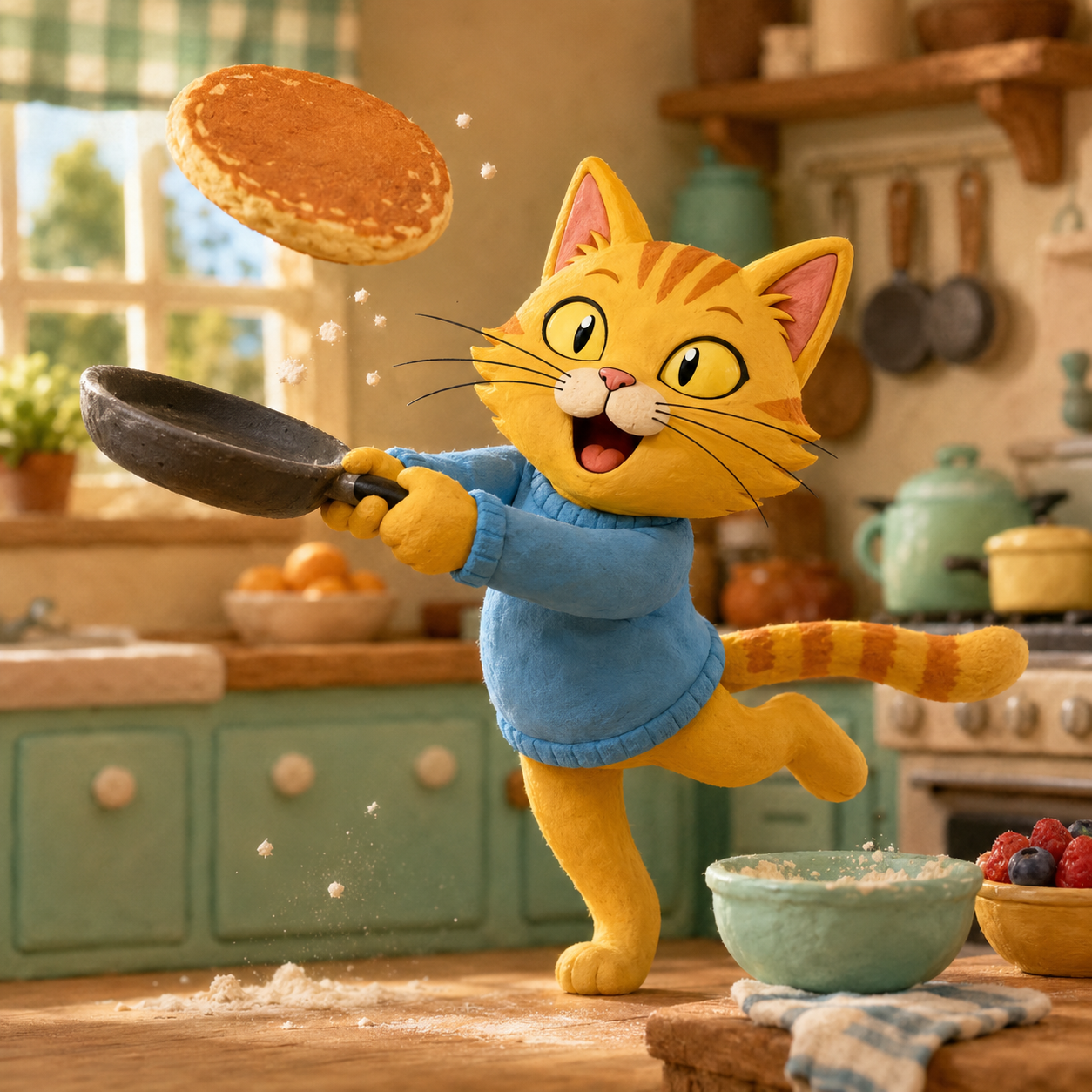 Epik Cat flipping a pancake in a cozy kitchen