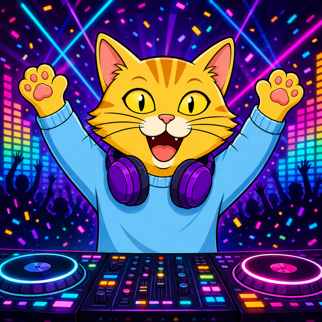 Epik Cat DJing under neon lights with paws in the air