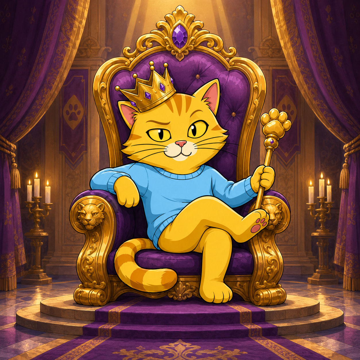 Epik Cat sitting on a golden throne with a crown and paw sceptre