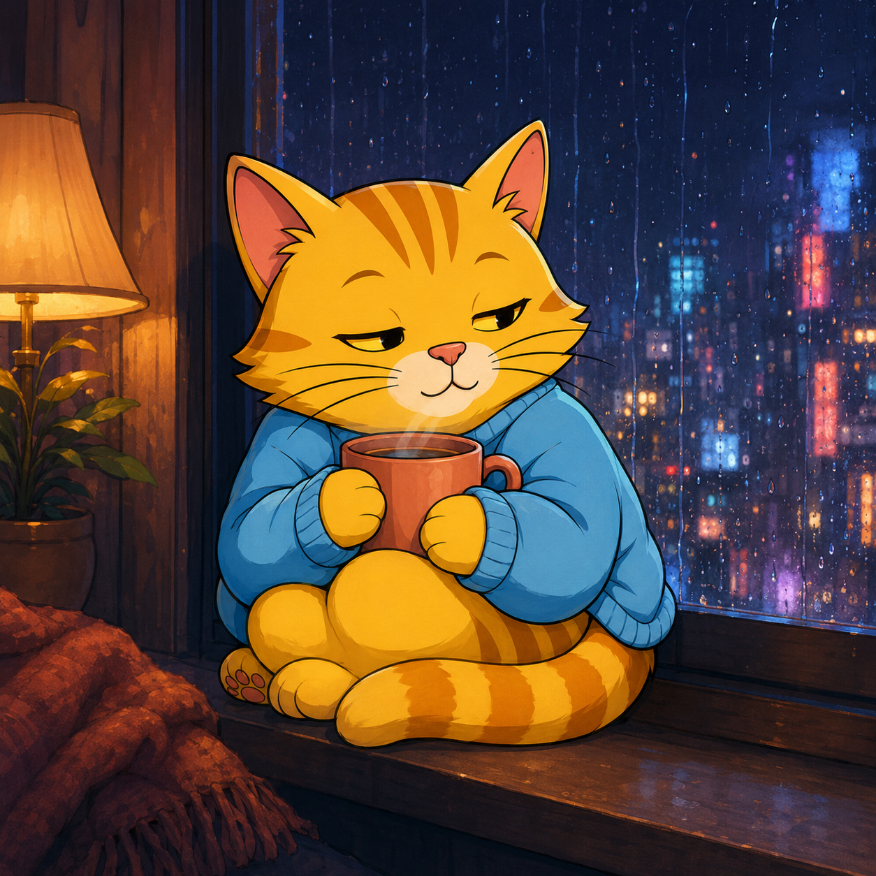 Epik Cat holding a warm mug by a rainy city window at night